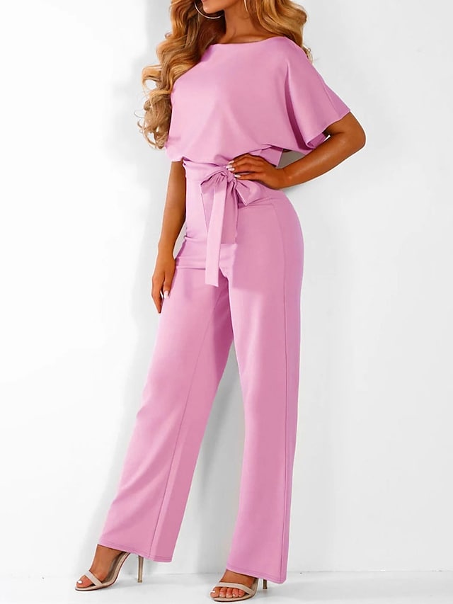 Women's Casual Daily Going out Blue Black Pink Loose Jumpsuit Solid Color Wide Leg Belted