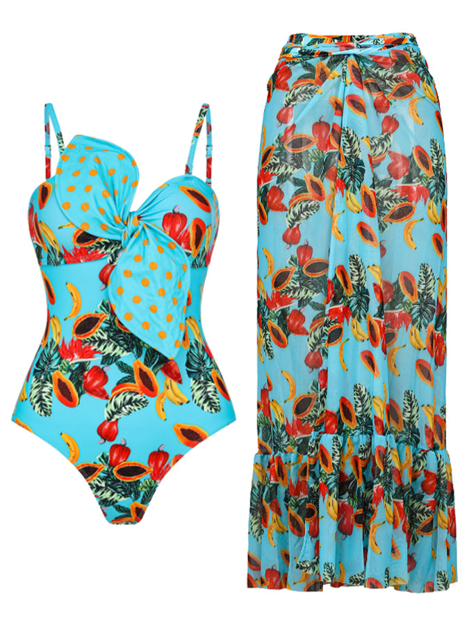 Fashion Print Polka Dot Colorblock Beach Swimsuit