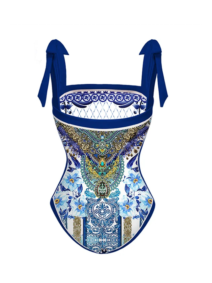 Bowknot Tie-shoulder One Piece Swimsuit