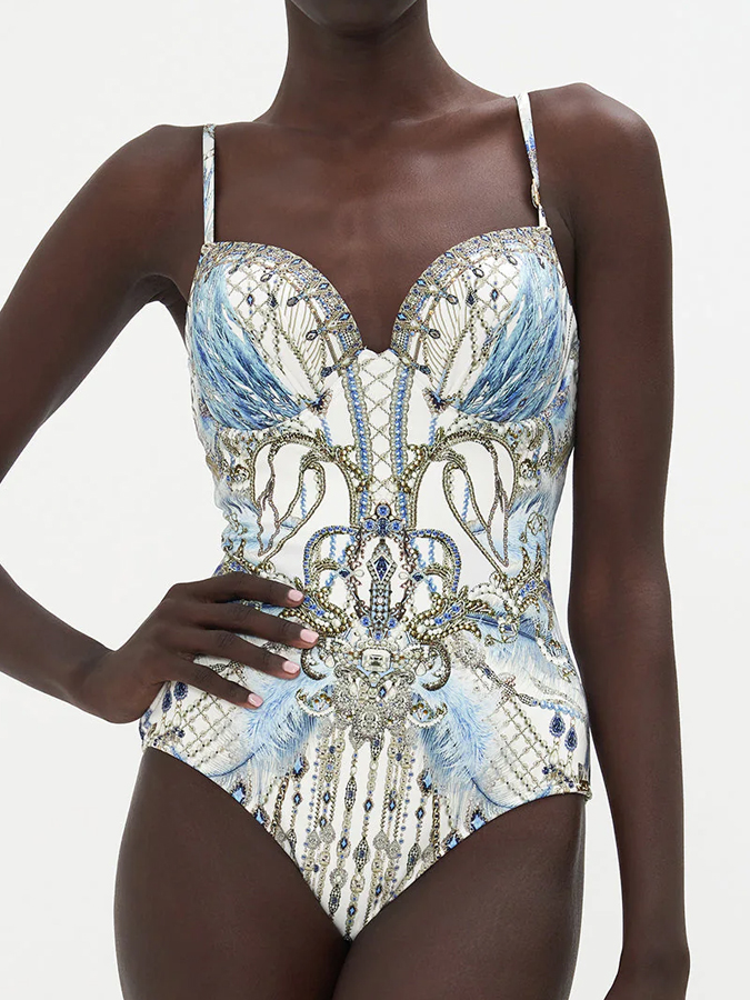 Vintage Court Geometric Feather Print One Piece Swimsuit And Cover up
