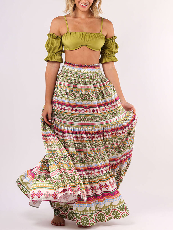 Plain Camisole Bikini One Piece And Ethnic Print Cover Up