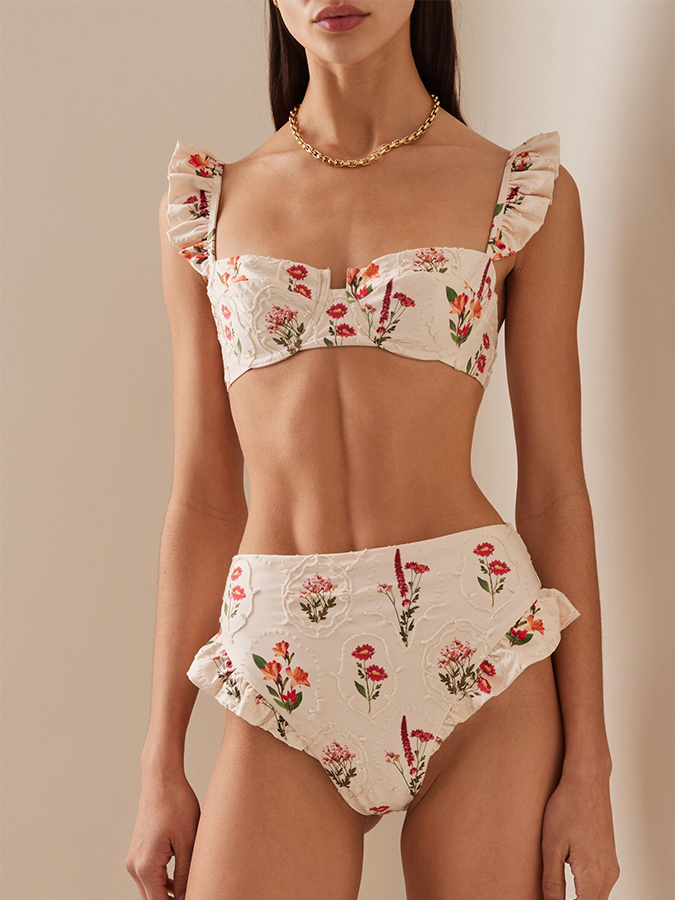 Ruffled Embroidered Print Bikini Swimwear