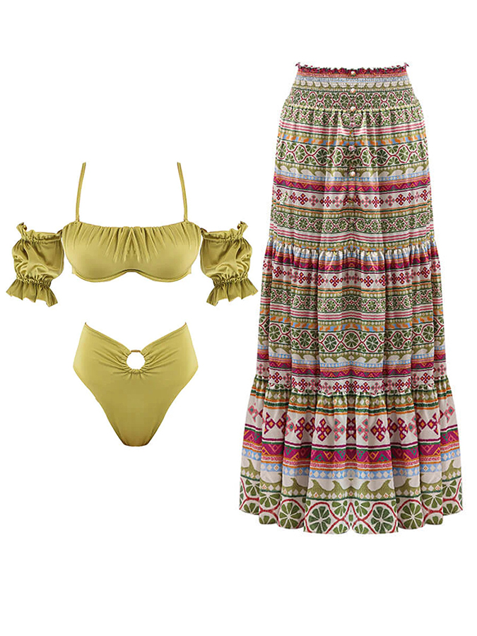 Plain Camisole Bikini One Piece And Ethnic Print Cover Up