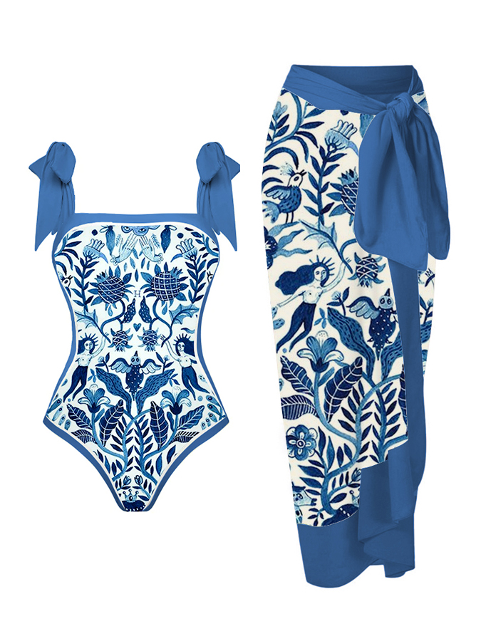 Blue and White Porcelain Printed One-Piece Swimsuit And Cover up