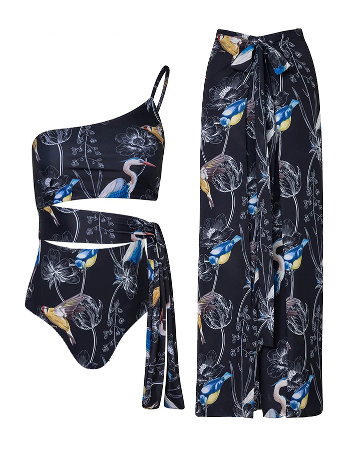 Flower and bird print two-piece swimsuit and cover up