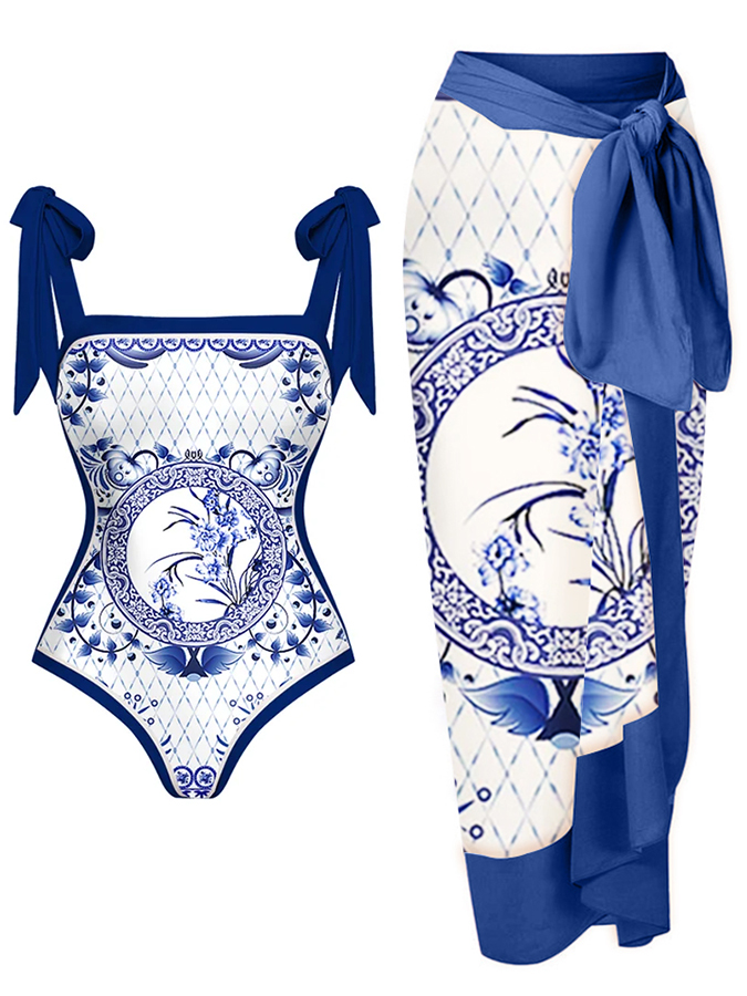 Bowknot Tie-shoulder One Piece Swimsuit