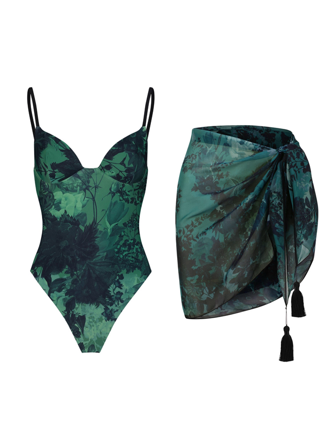 Vintage Floral Print One Piece Swimsuit And Cover Up