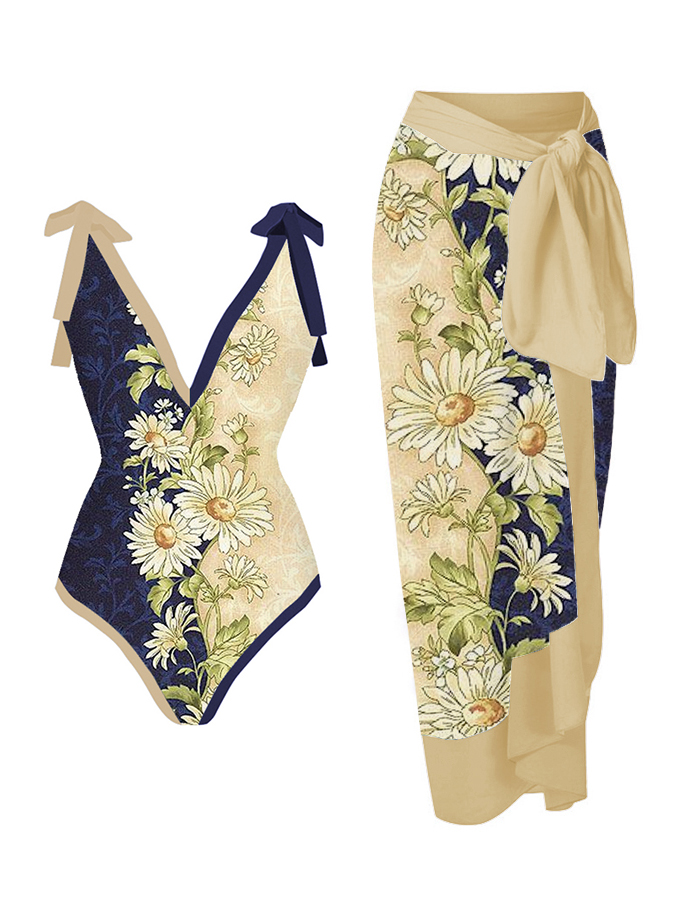 Vintage Color Block Floral Print One Piece Swimsuit And Cover up