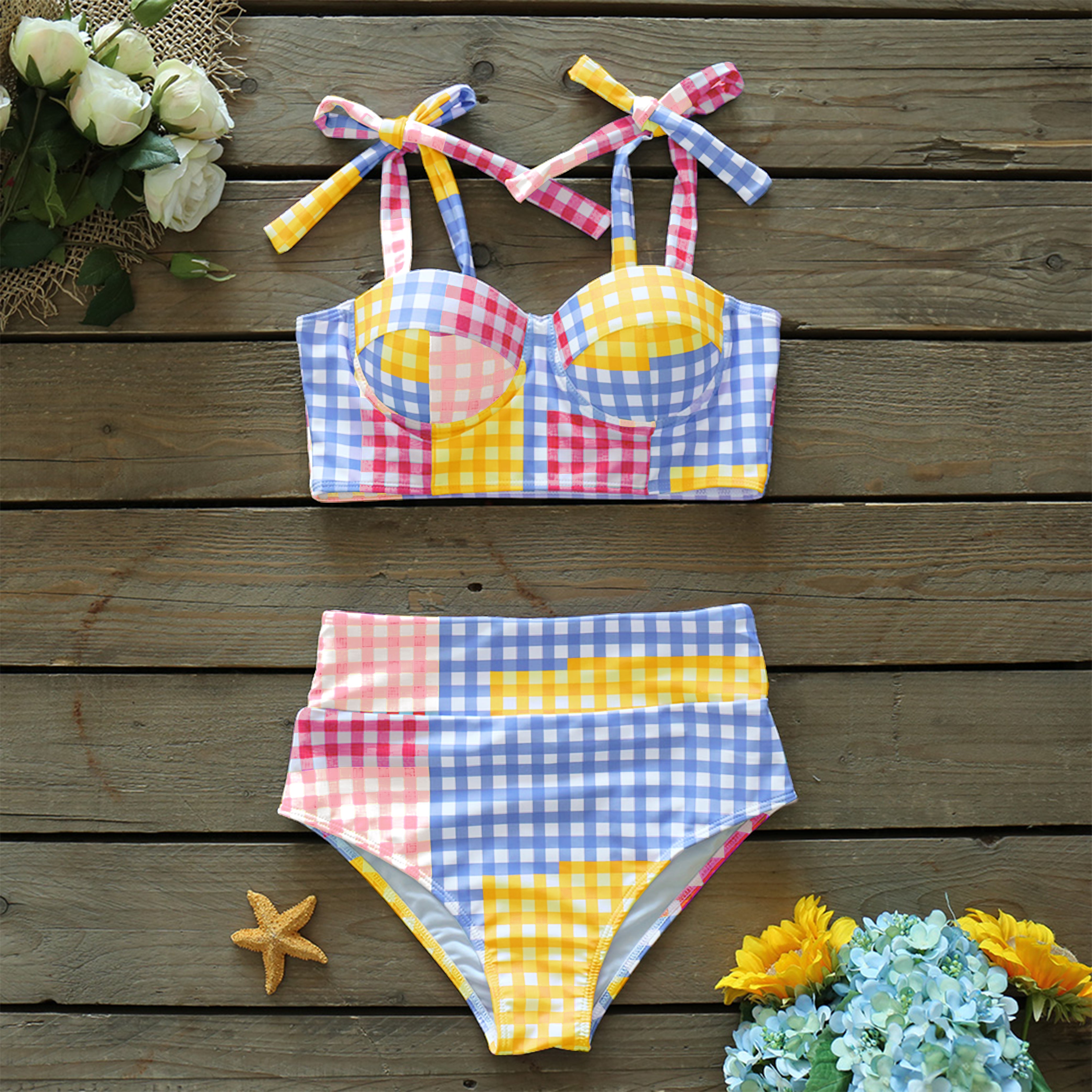 Colorful Plaid Lacing Shoulder Bikini Cover-up
