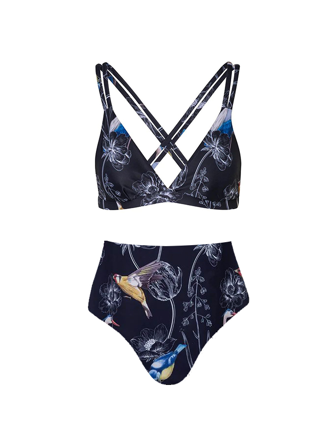 Flower and bird print two-piece swimsuit and cover up