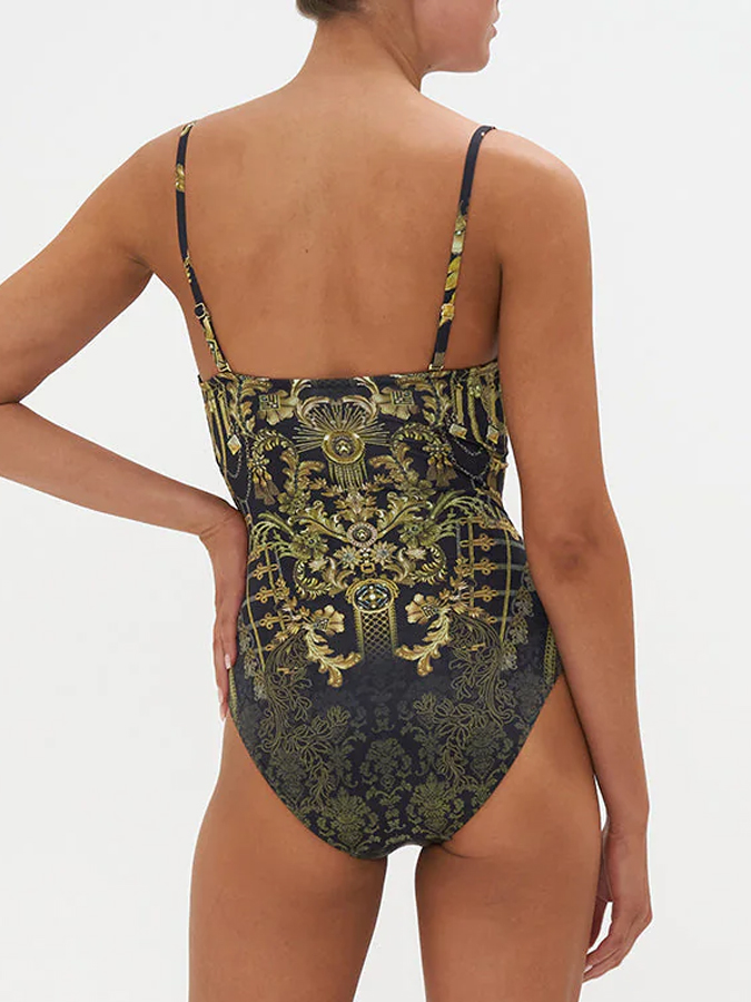 Vintage Court Floral Print One Piece Swimsuit And Cover up