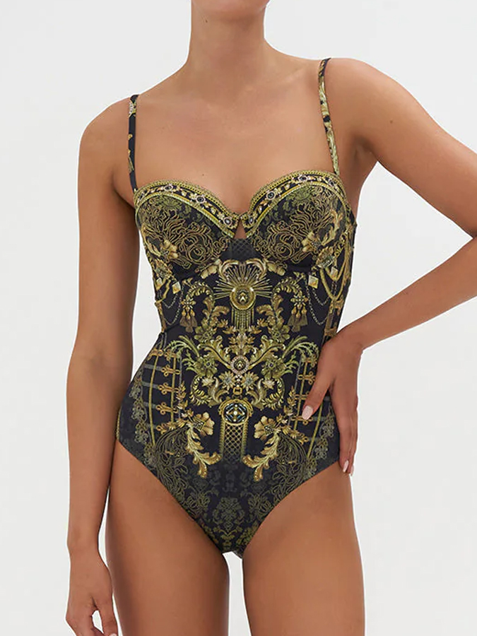 Vintage Court Floral Print One Piece Swimsuit And Cover up