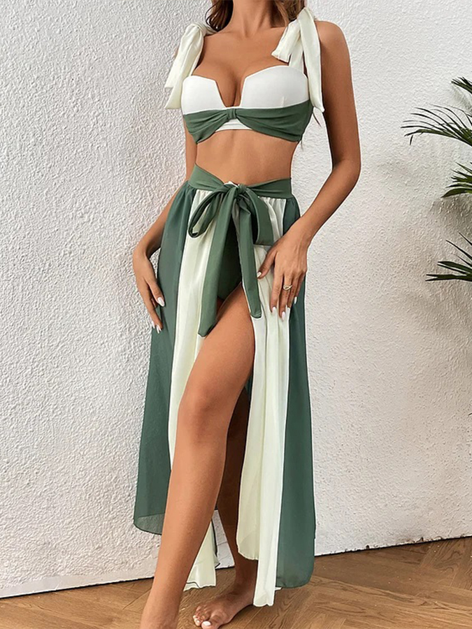 Color Block Bowknot Tie Shoulder Bikini Swimsuit and Cover-up