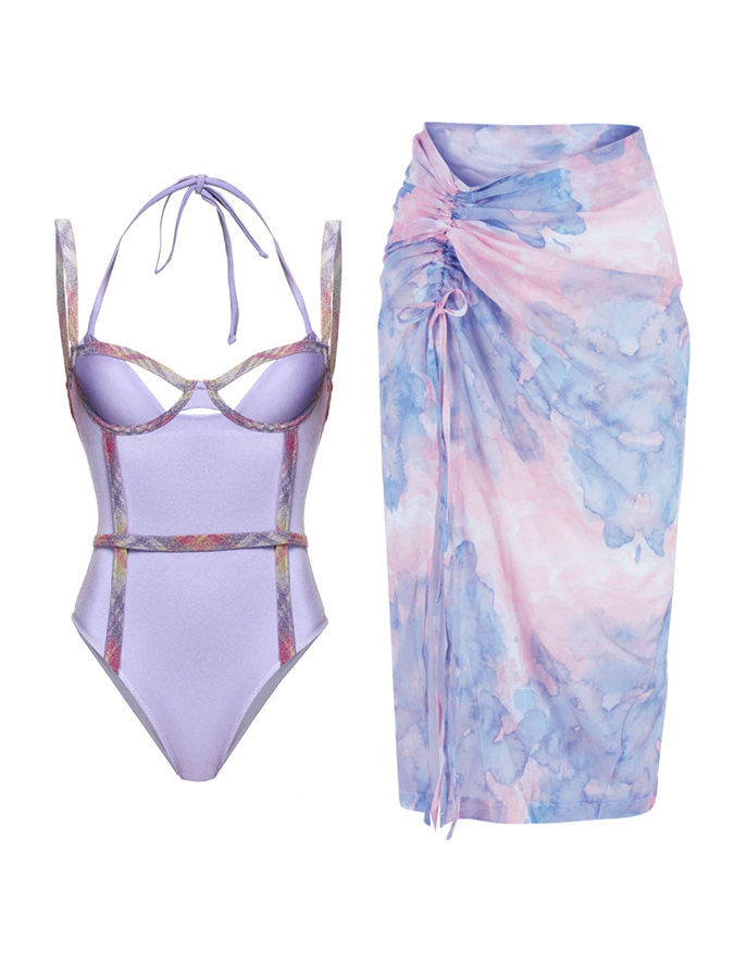 Vintage Patchwork One-Piece Swimsuit And Cover Up