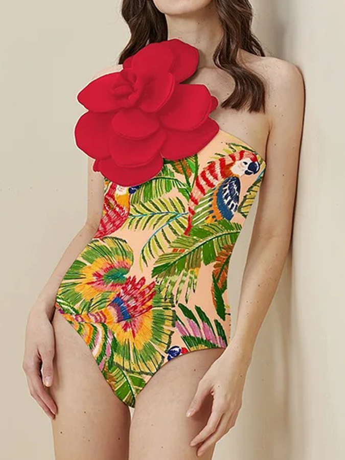 3D Flower Printed One Piece Swimsuit and Cover Up