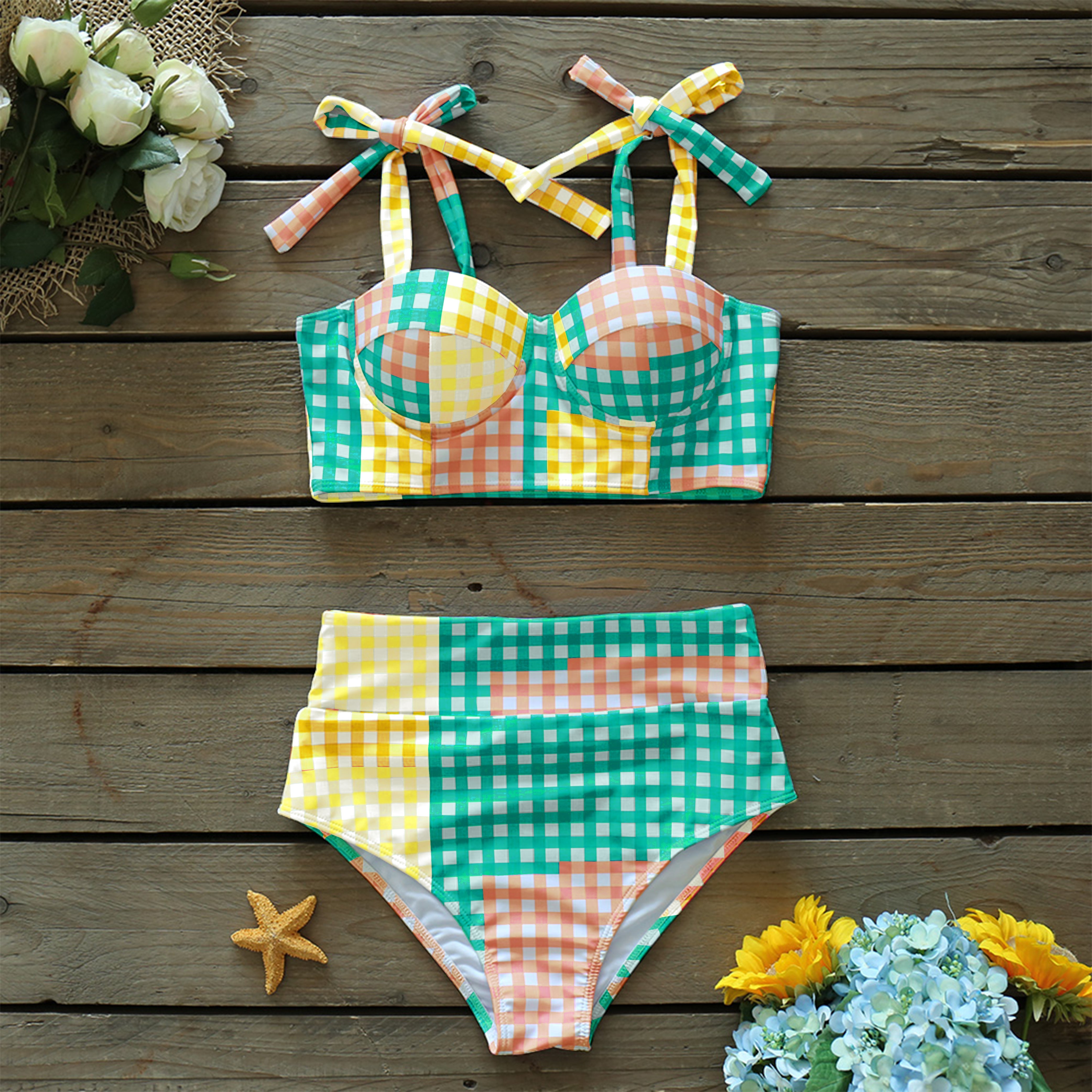 Colorful Plaid Lacing Shoulder Bikini Cover-up