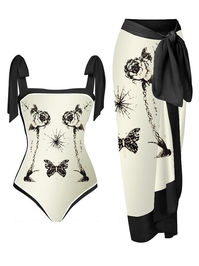 Vintage Print One Piece Swimsuit Set