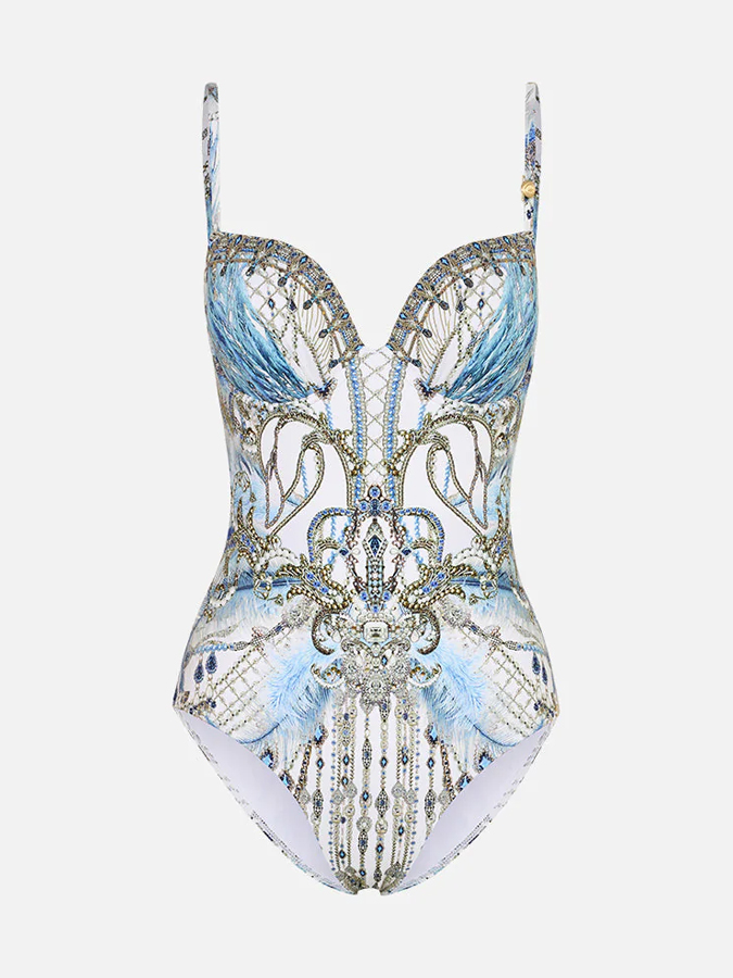 Vintage Court Geometric Feather Print One Piece Swimsuit And Cover up