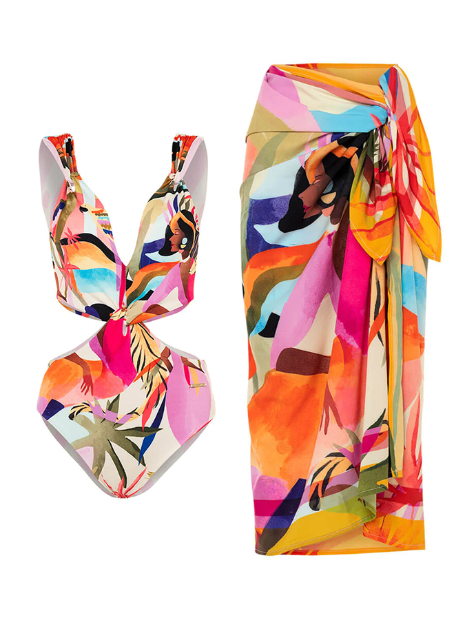 Tropical Samba Print One Piece Swimsuit And Cover Up