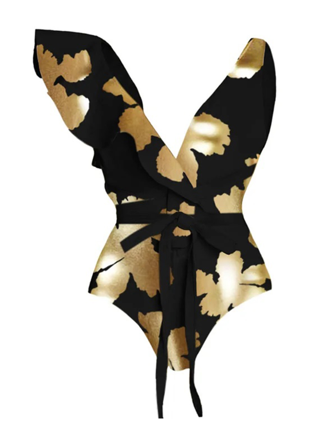 Ruffle Printed One Piece Swimsuit and Skirt