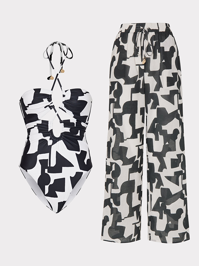 Black Irregular Print Lace-Up One-Piece Swimsuit