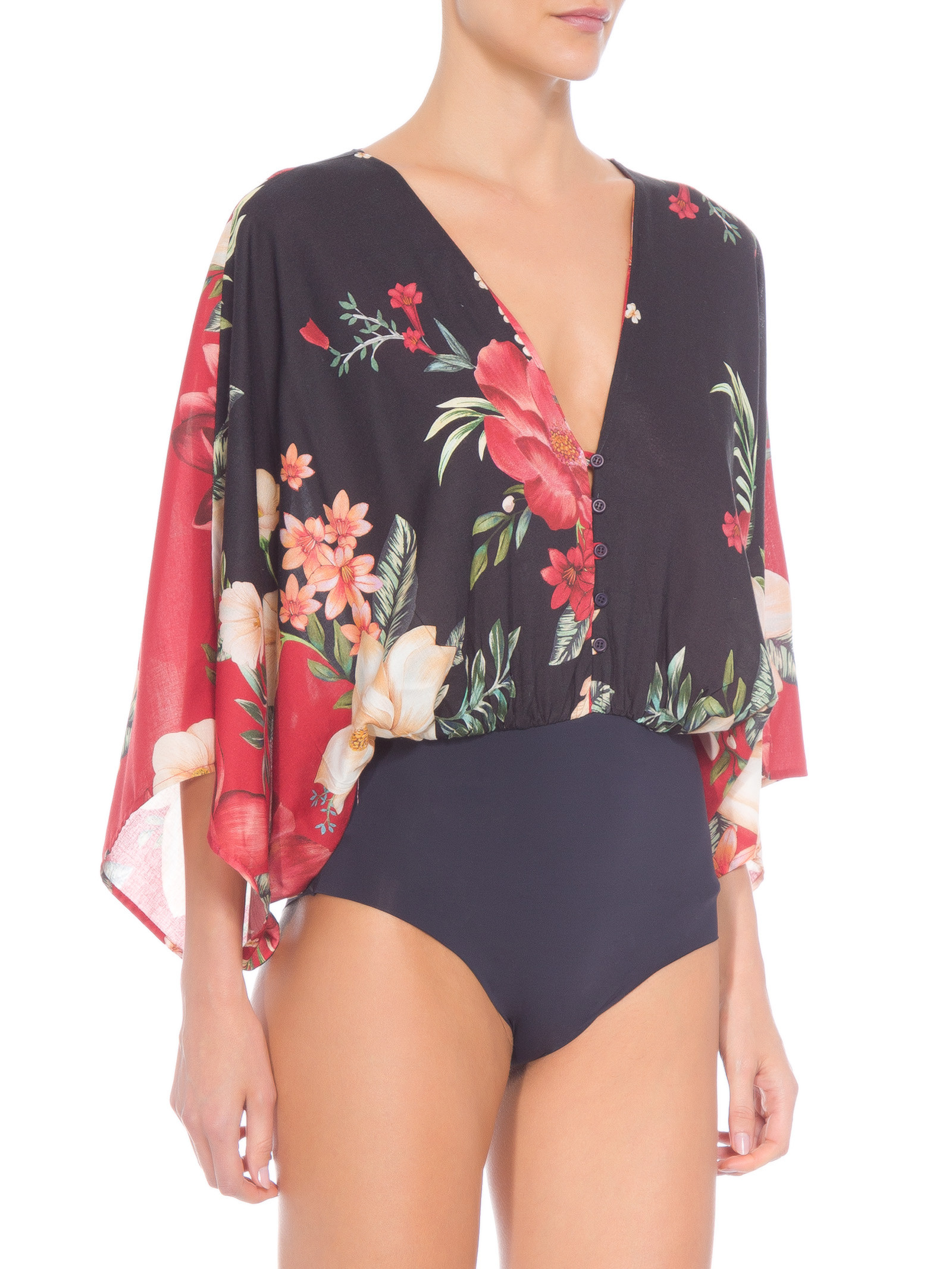 Deep V Backless Floral Print Long Sleeve Beach One-Piece Swimsuit