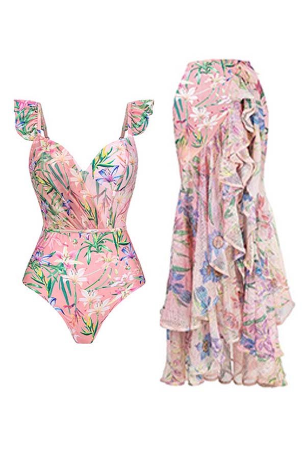 Floral Print One Piece Swimsuit and Mesh Splicing Sarong