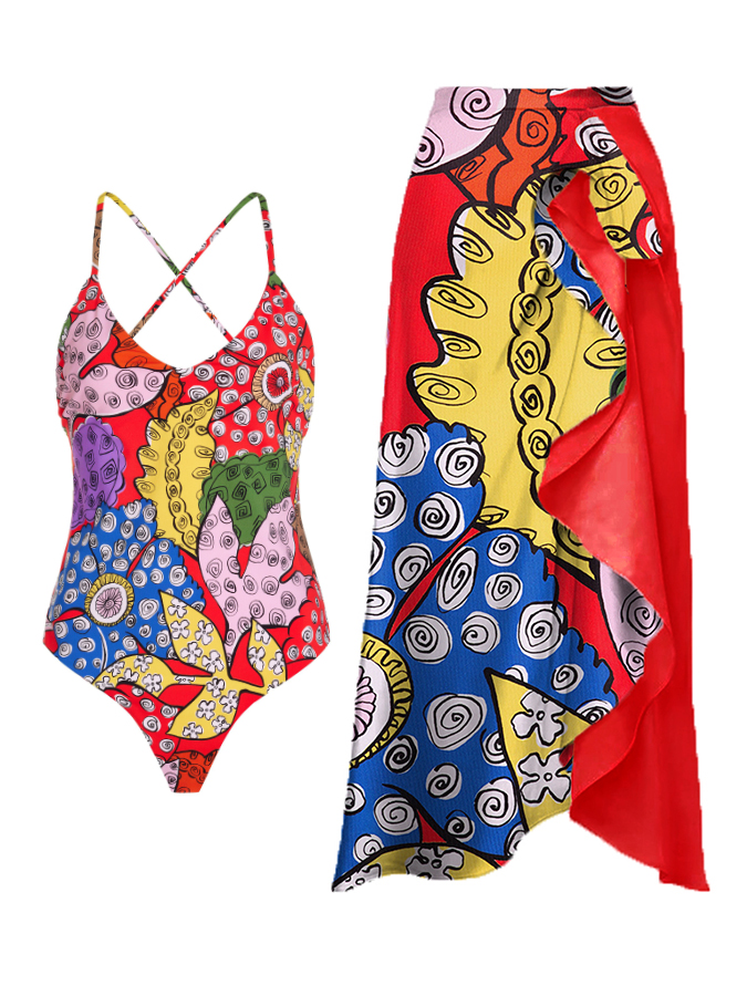 Floral Print One Piece Swimsuit and Skirt
