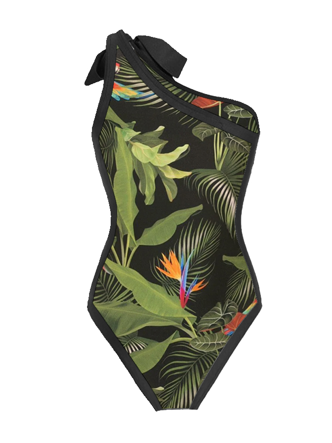 Vintage Botanical Print One Shouler One Piece And Cover Up