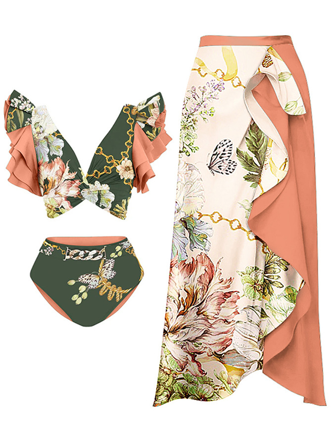 Ruffled Floral Print Bikini Swimsuit and Skirt