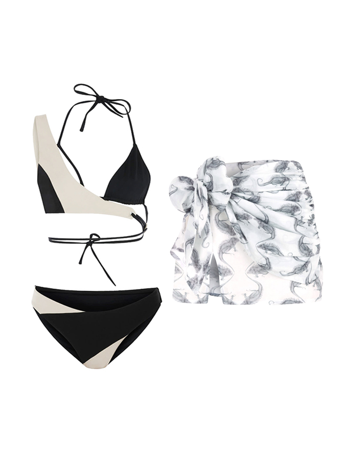 Sexy Beige Black Color Block Bikini And Print Cover Up