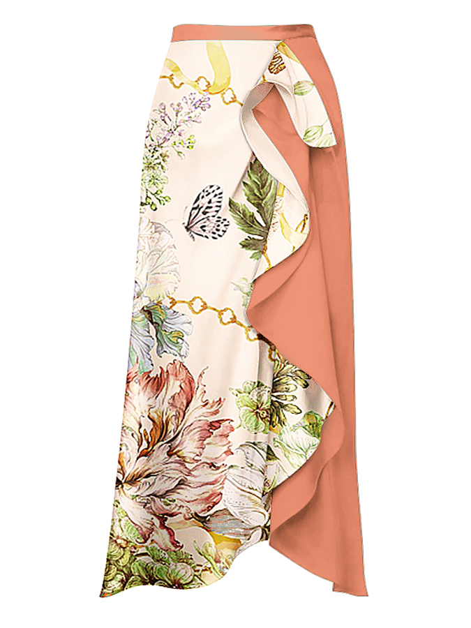 Ruffled Floral Print Bikini Swimsuit and Skirt