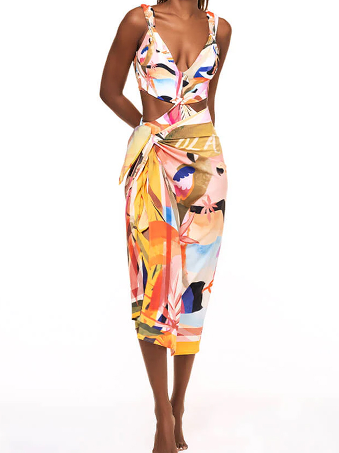 Tropical Samba Print One Piece Swimsuit And Cover Up