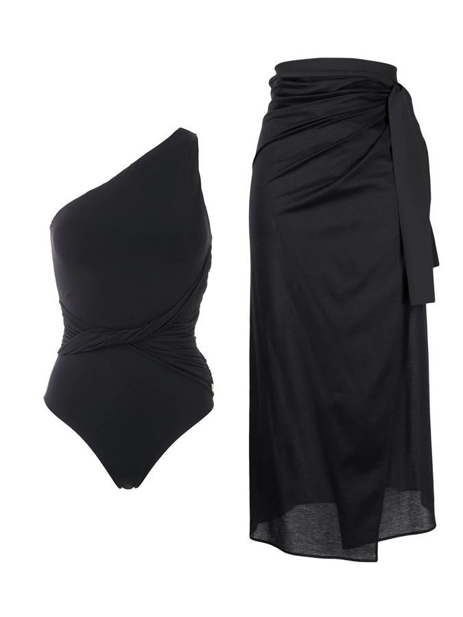 Plain One Shoulder One-Piece Swimsuit And Cover Up