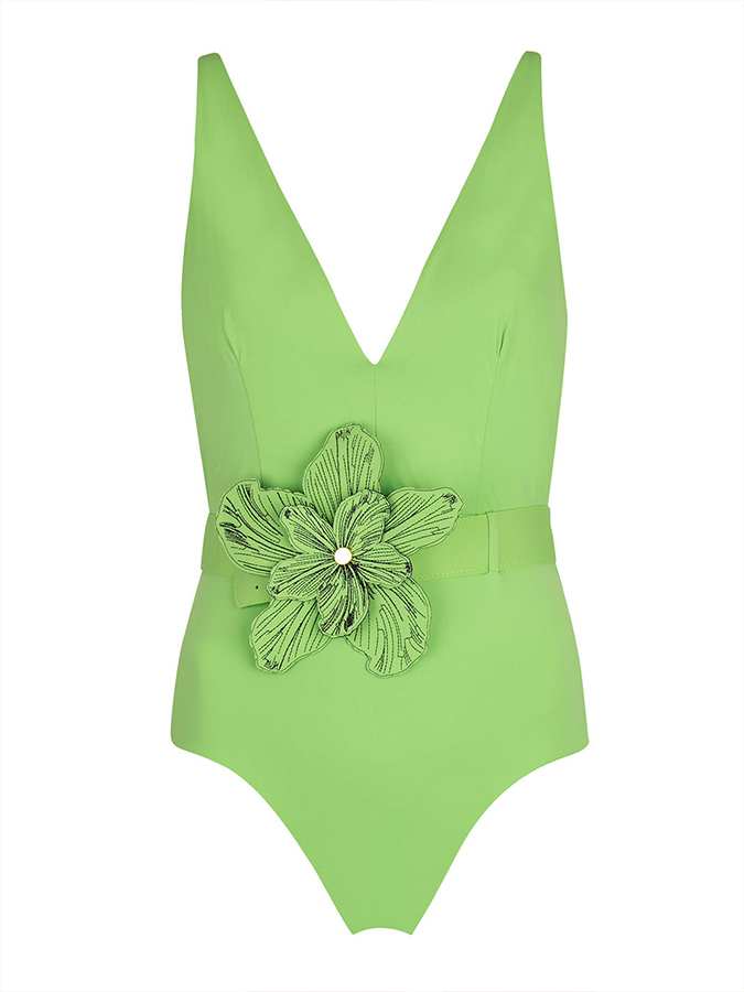 Solid Color V Neck Open Back One Piece Swimsuit