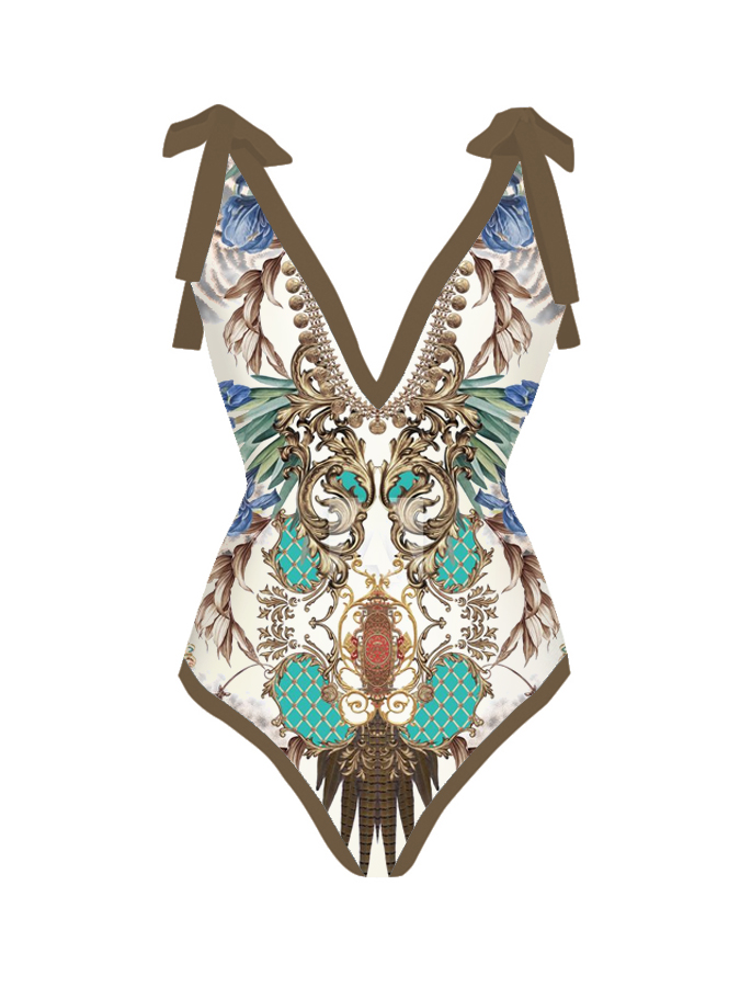 Vintage Printed Casual One Piece Swimsuit And Cover up