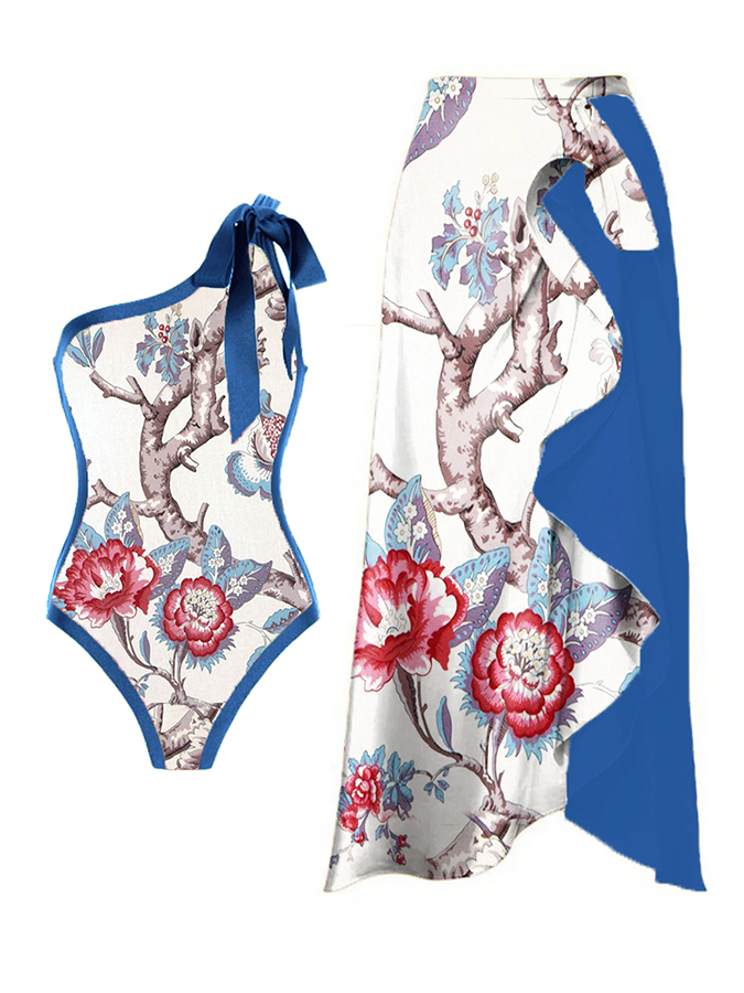 Floral Print One Piece Swimsuit and Skirt