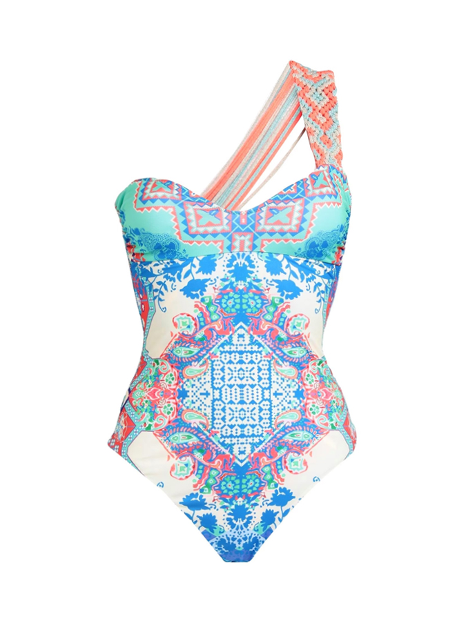 Vintage Ethnic Geometric Print One Shoulder One-Piece Swimsuit And Cover Up