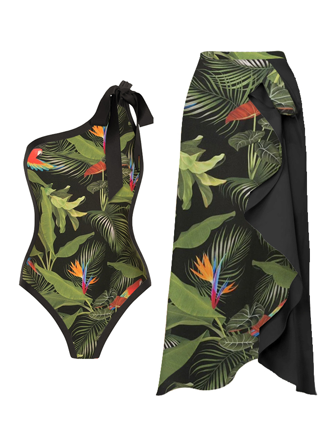 Vintage Botanical Print One Shouler One Piece And Cover Up