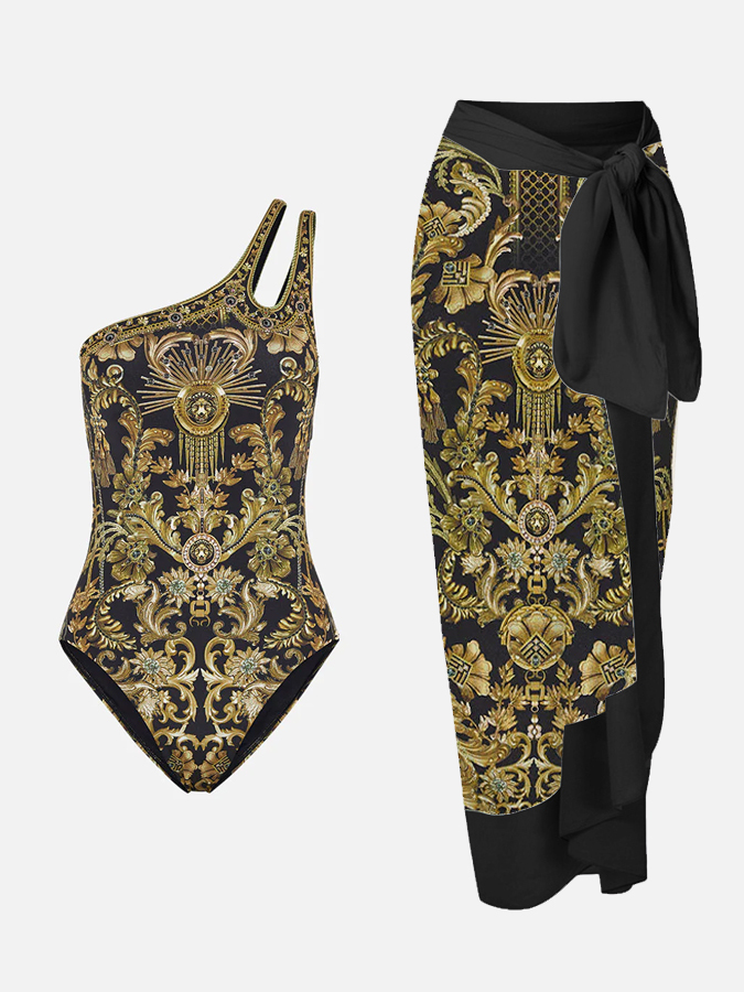 Vintage Court Floral Print One Piece Swimsuit And Cover up