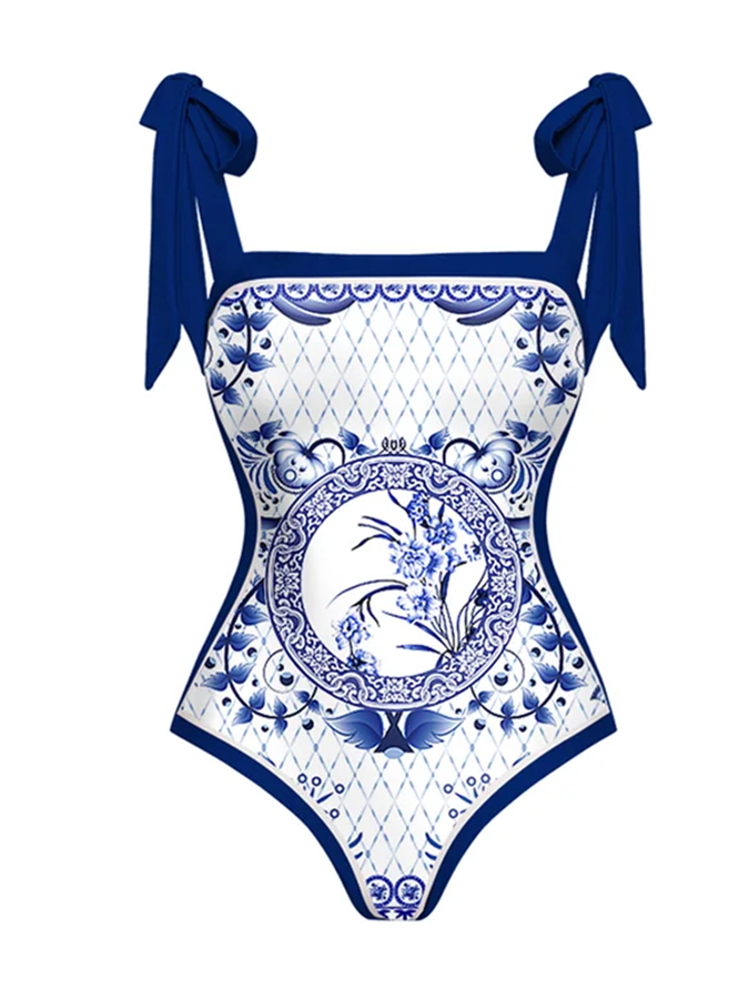 Bowknot Tie-shoulder One Piece Swimsuit