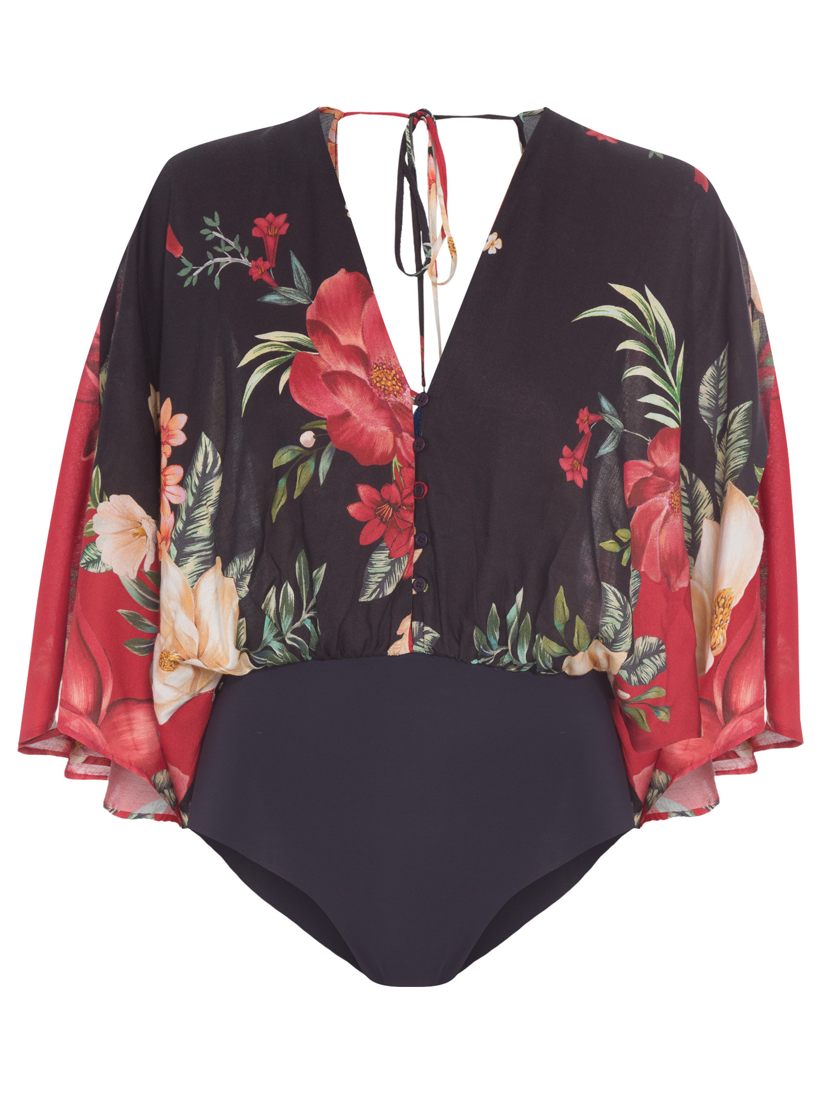 Deep V Backless Floral Print Long Sleeve Beach One-Piece Swimsuit