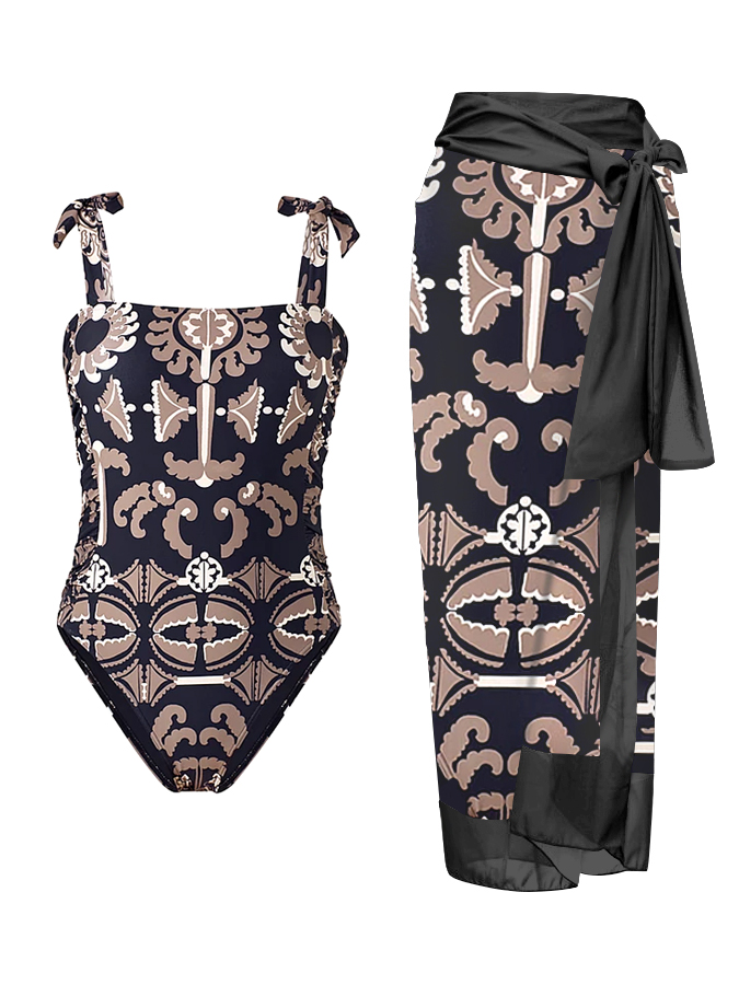 Ethnic Geometric Print One Piece Swimsuit And Cover Up