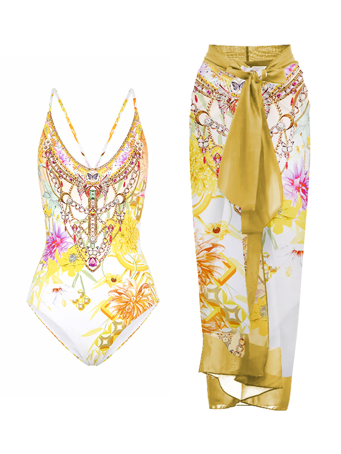 Vintage Court Floral Print One Piece Swimsuit And Cover up