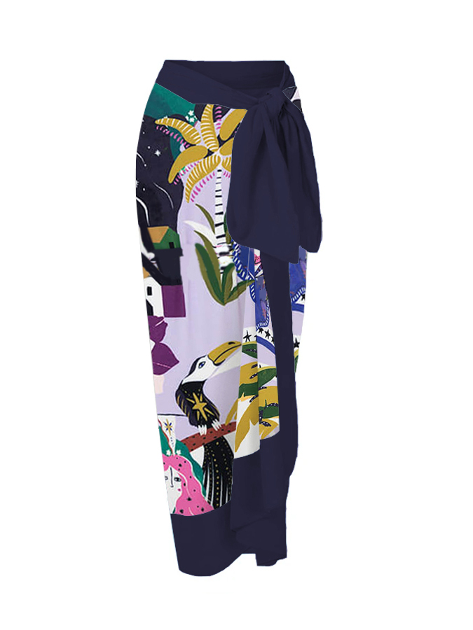 Tropical Flower and Bird Print One-Piece Swimsuit And Cover Up