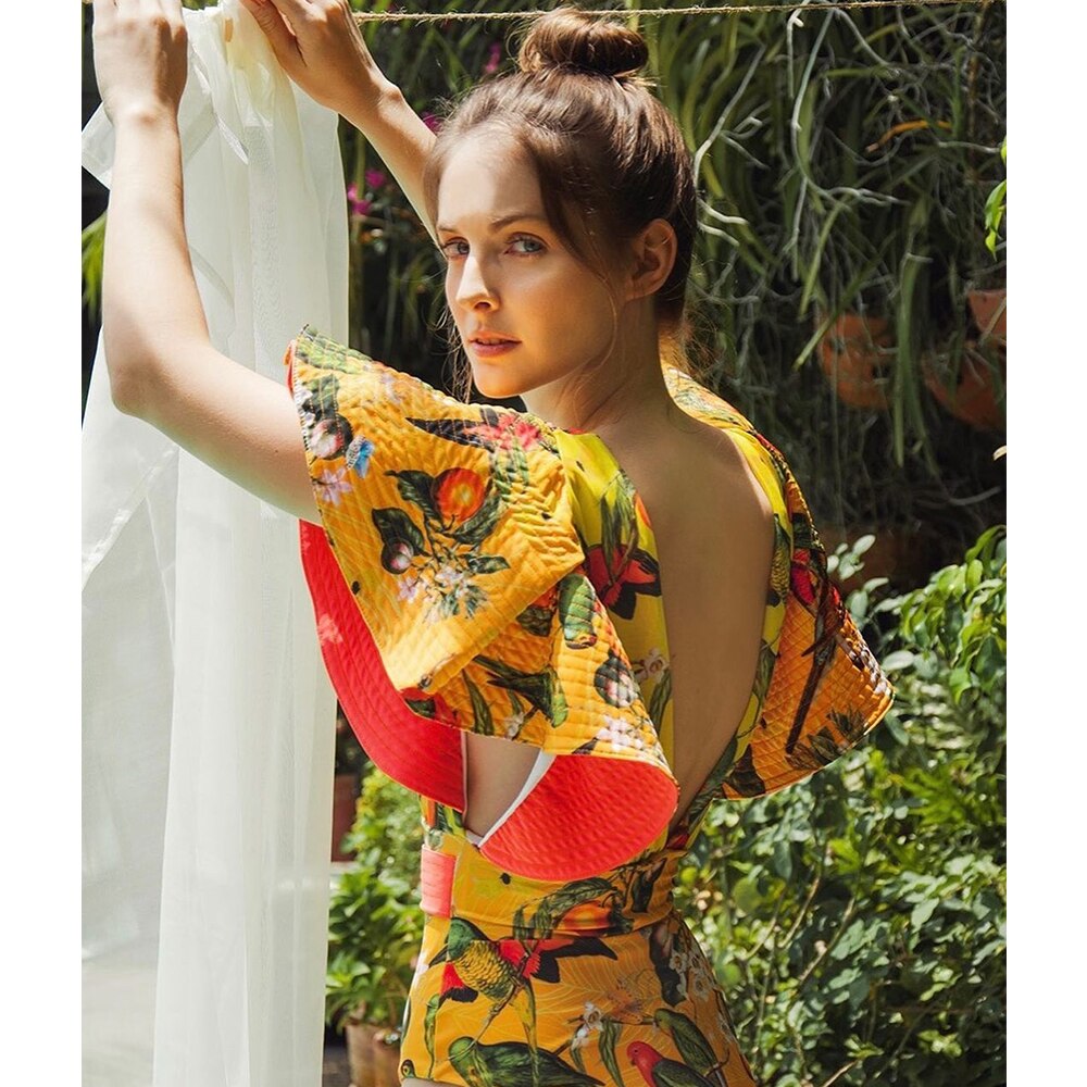 Deep V Ruffle Belt Printed One Piece Swimsuit