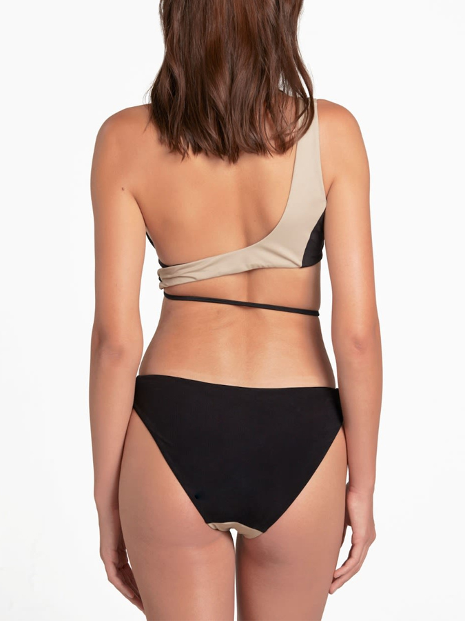 Sexy Beige Black Color Block Bikini And Print Cover Up
