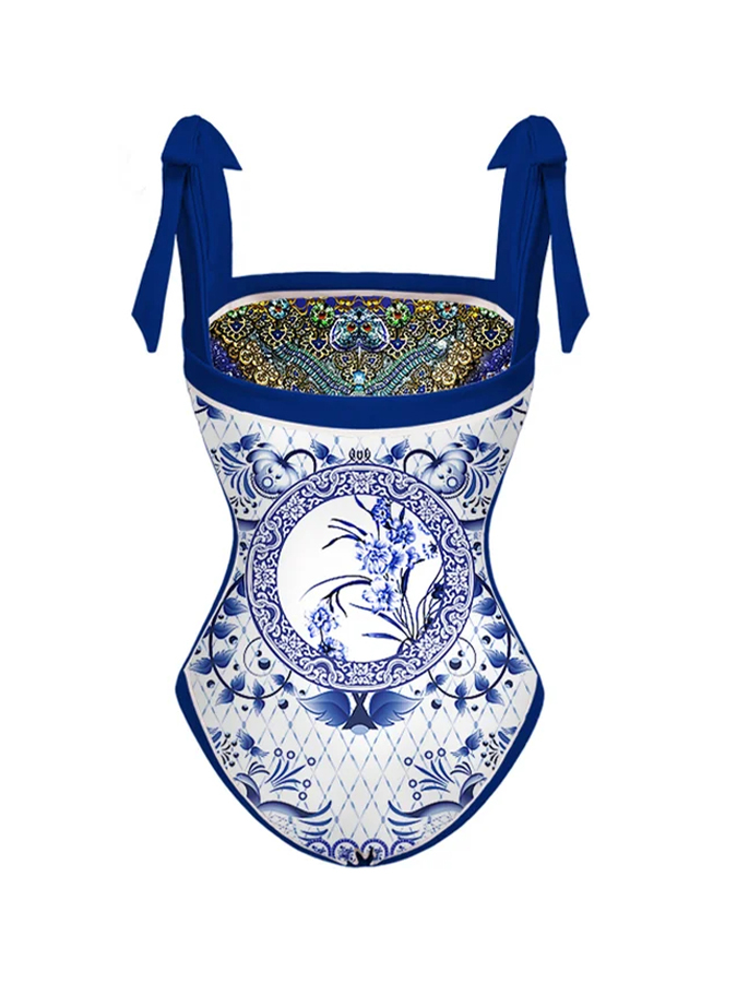 Bowknot Tie-shoulder One Piece Swimsuit