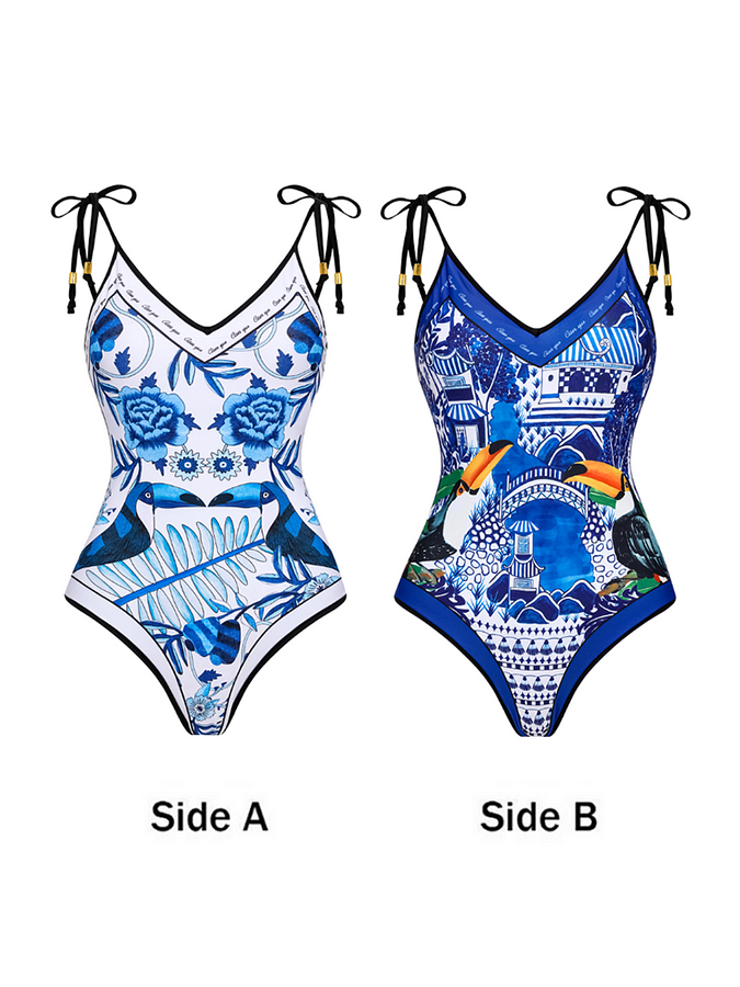 Reversible V-Neck Lace Up One-Piece Swimsuit