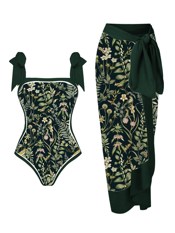 Vintage Floral Print One Piece Swimsuit And Cover up